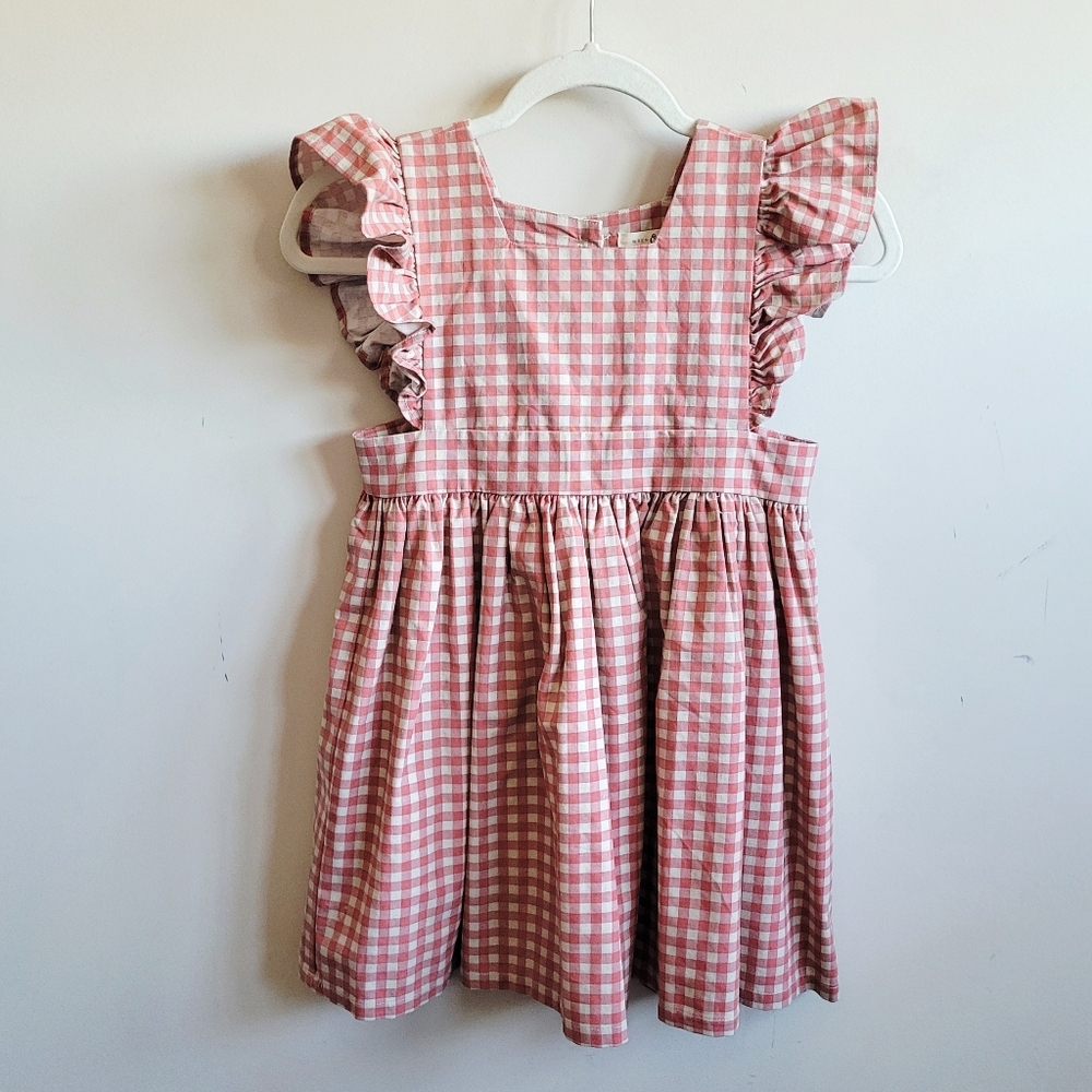 WREN & JAMES Gingham Plaid Cotton Linen Ruffle Dress Rust‎ / Cream